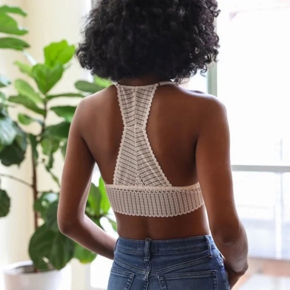 SOLD OUT Ivory Ribbed Lace Boho Racerback Triangle Bralette Womens - Picture 3 of 3